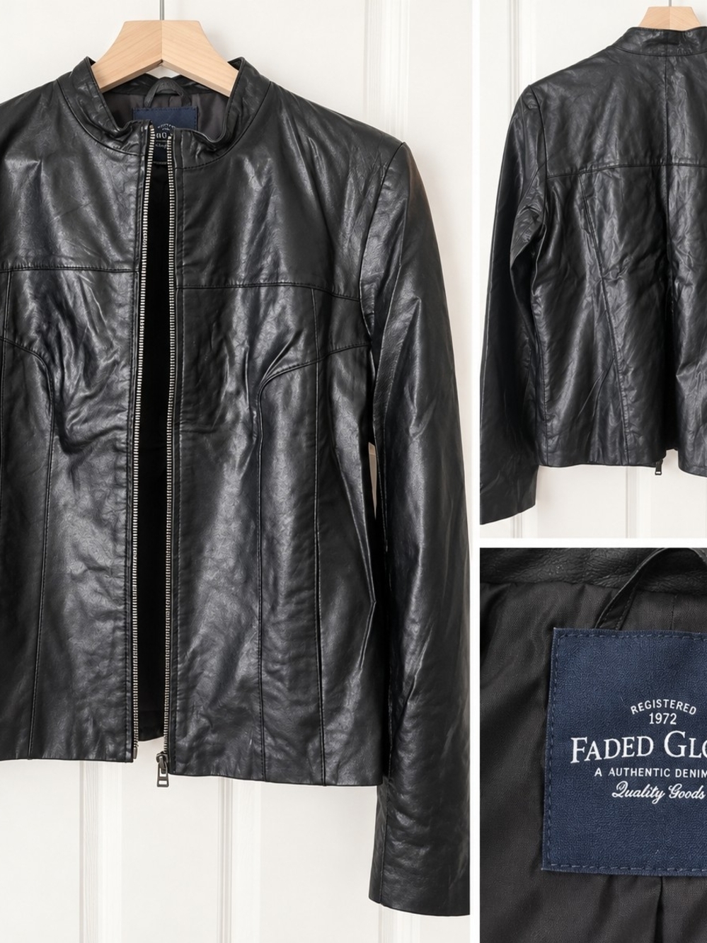 Faded Glory Black Leather Bomber Jacket with Stand Collar
